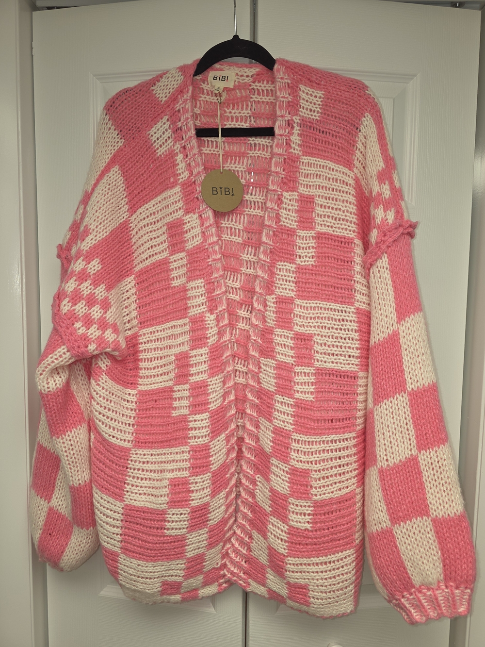 BiBi Pink & Cream Checkered Open-Front Cardigan
